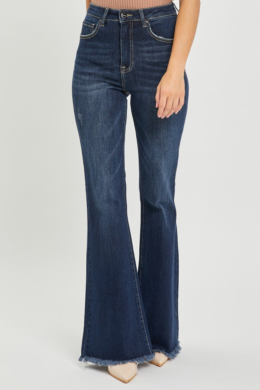 RISEN High Waist Raw Hem Flare Jeans - TopFashionHQ