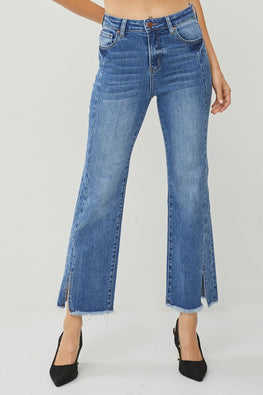 RISEN High Waist Raw Hem Slit Straight Jeans - TopFashionHQ