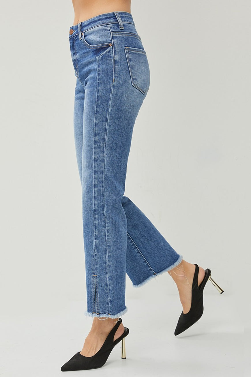 RISEN High Waist Raw Hem Slit Straight Jeans - TopFashionHQ