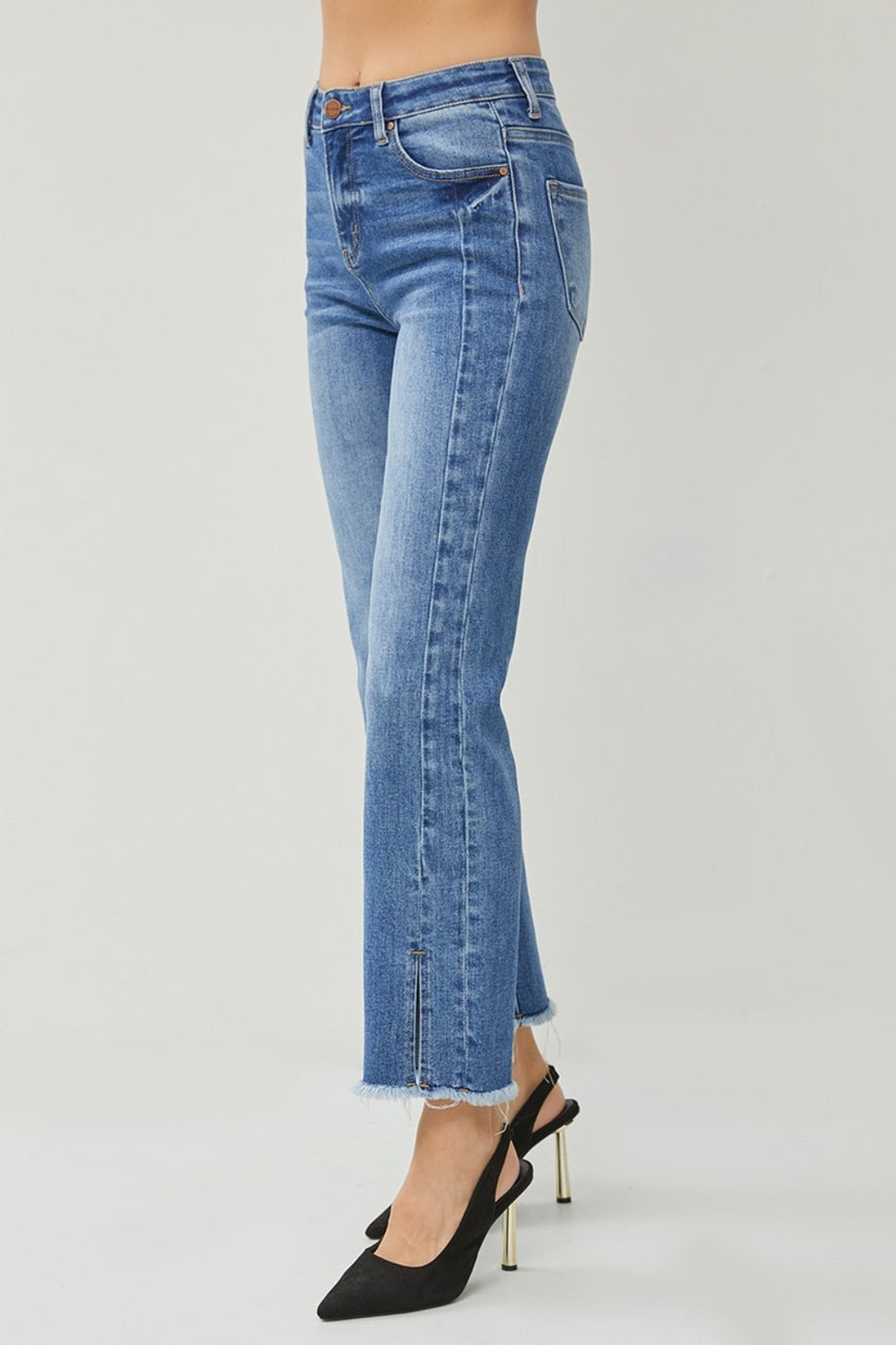 RISEN High Waist Raw Hem Slit Straight Jeans - TopFashionHQ