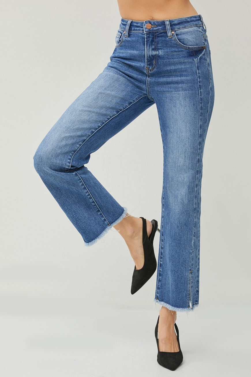 RISEN High Waist Raw Hem Slit Straight Jeans - TopFashionHQ