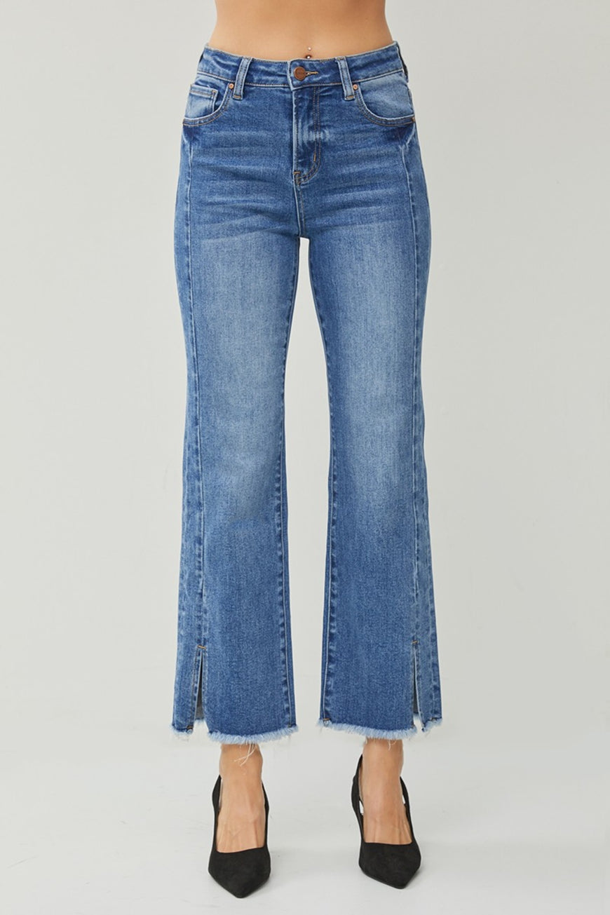 RISEN High Waist Raw Hem Slit Straight Jeans - TopFashionHQ