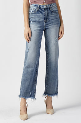 RISEN High Waist Raw Hem Straight Jeans - TopFashionHQ