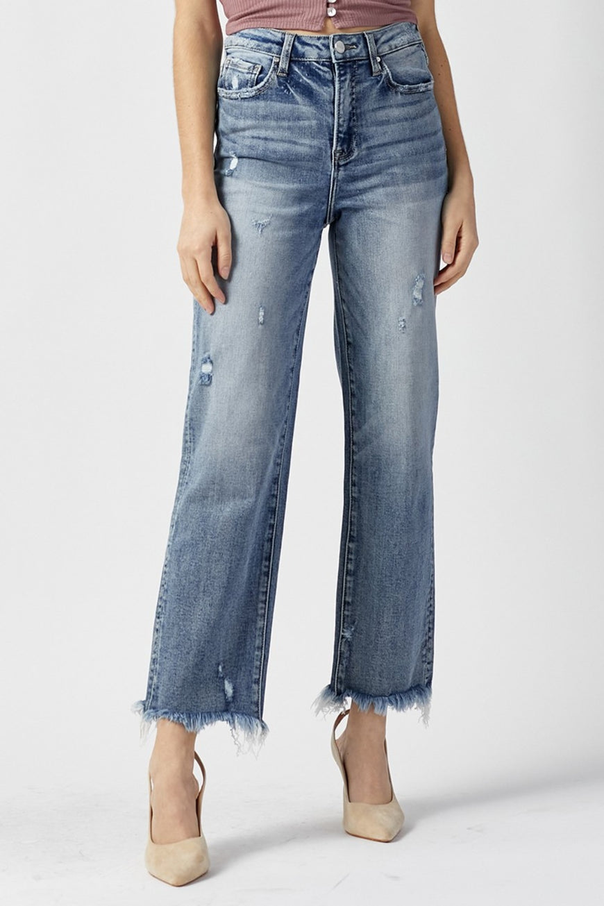 RISEN High Waist Raw Hem Straight Jeans - TopFashionHQ