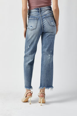 RISEN High Waist Raw Hem Straight Jeans - TopFashionHQ