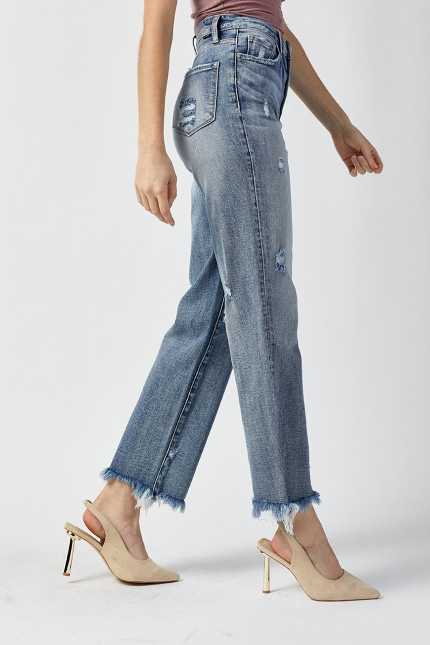 RISEN High Waist Raw Hem Straight Jeans - TopFashionHQ