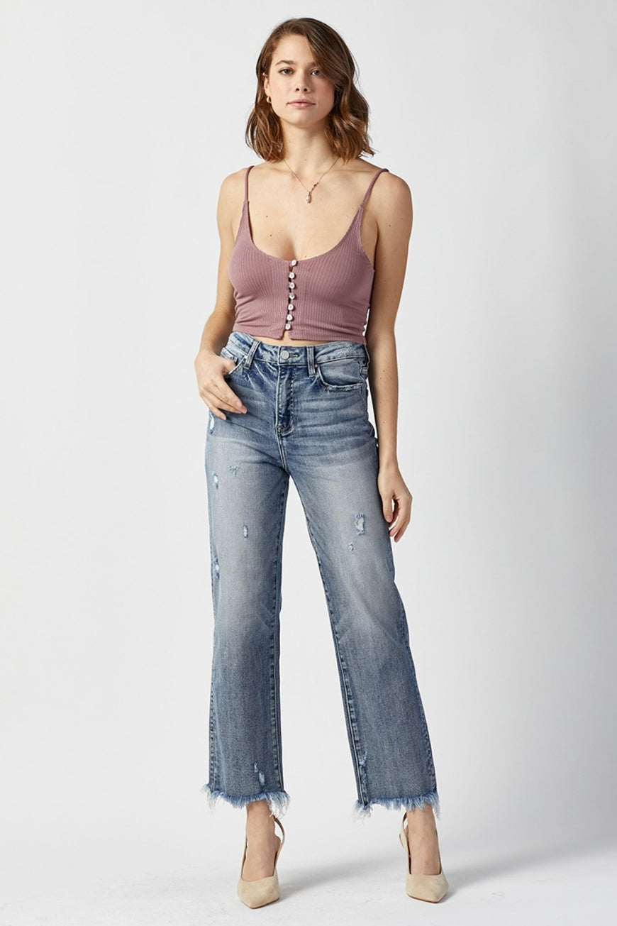 RISEN High Waist Raw Hem Straight Jeans - TopFashionHQ