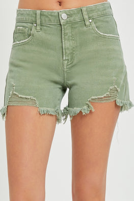 RISEN Mid Waist Frayed Hem Denim Shorts - TopFashionHQ