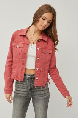 RISEN Raw Hem Button Up Cropped Denim Jacket - TopFashionHQ