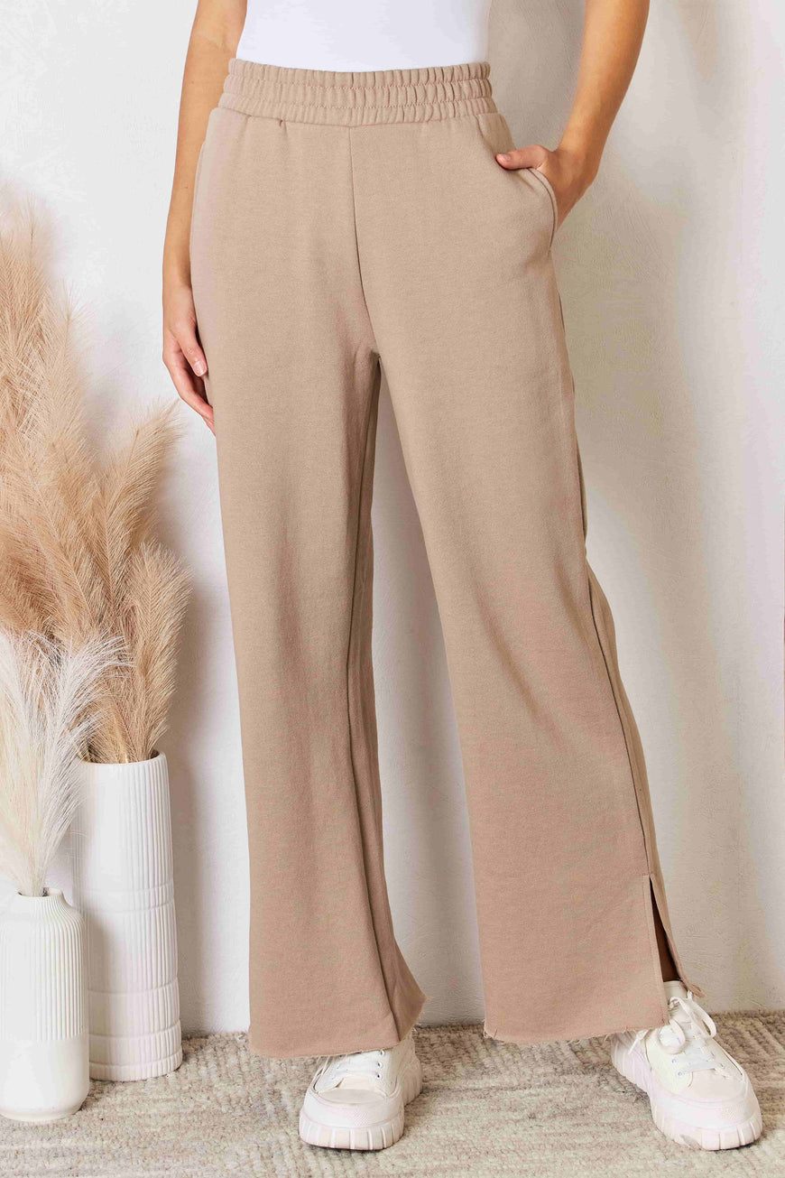 RISEN Wide Waistband Slit Wide Leg Pants - TopFashionHQ