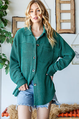 Reborn J Striped Button Up Long Sleeve Shacket - TopFashionHQ