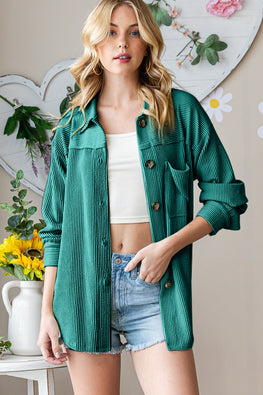 Reborn J Striped Button Up Long Sleeve Shacket - TopFashionHQ