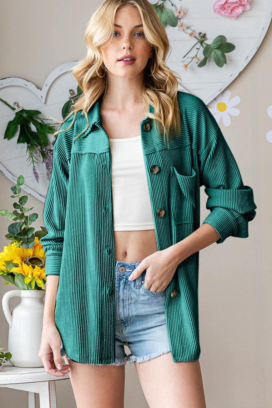 Reborn J Striped Button Up Long Sleeve Shacket - TopFashionHQ
