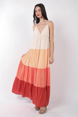 VERY J Color Block Tiered Maxi Cami Dress - TopFashionHQ