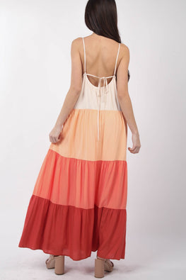 VERY J Color Block Tiered Maxi Cami Dress - TopFashionHQ