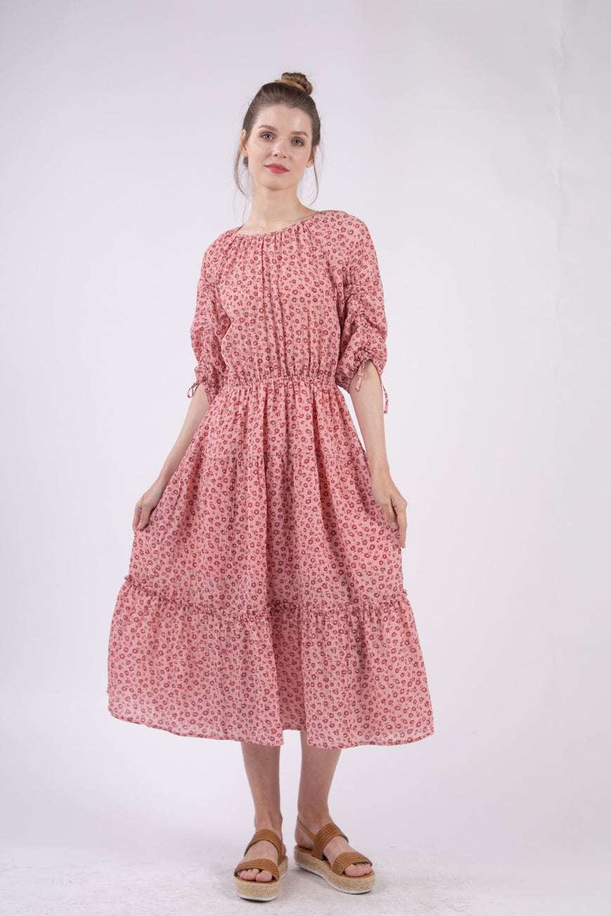 VERY J Floral Round Neck Tiered Midi Dress - TopFashionHQ