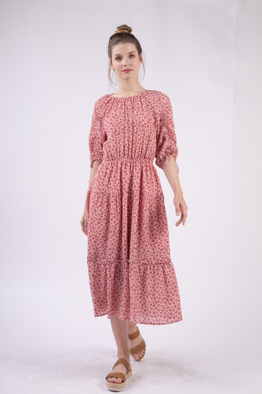 VERY J Floral Round Neck Tiered Midi Dress - TopFashionHQ