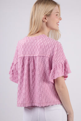 VERY J Full Size Texture Ruffle Short Sleeve Top - TopFashionHQ