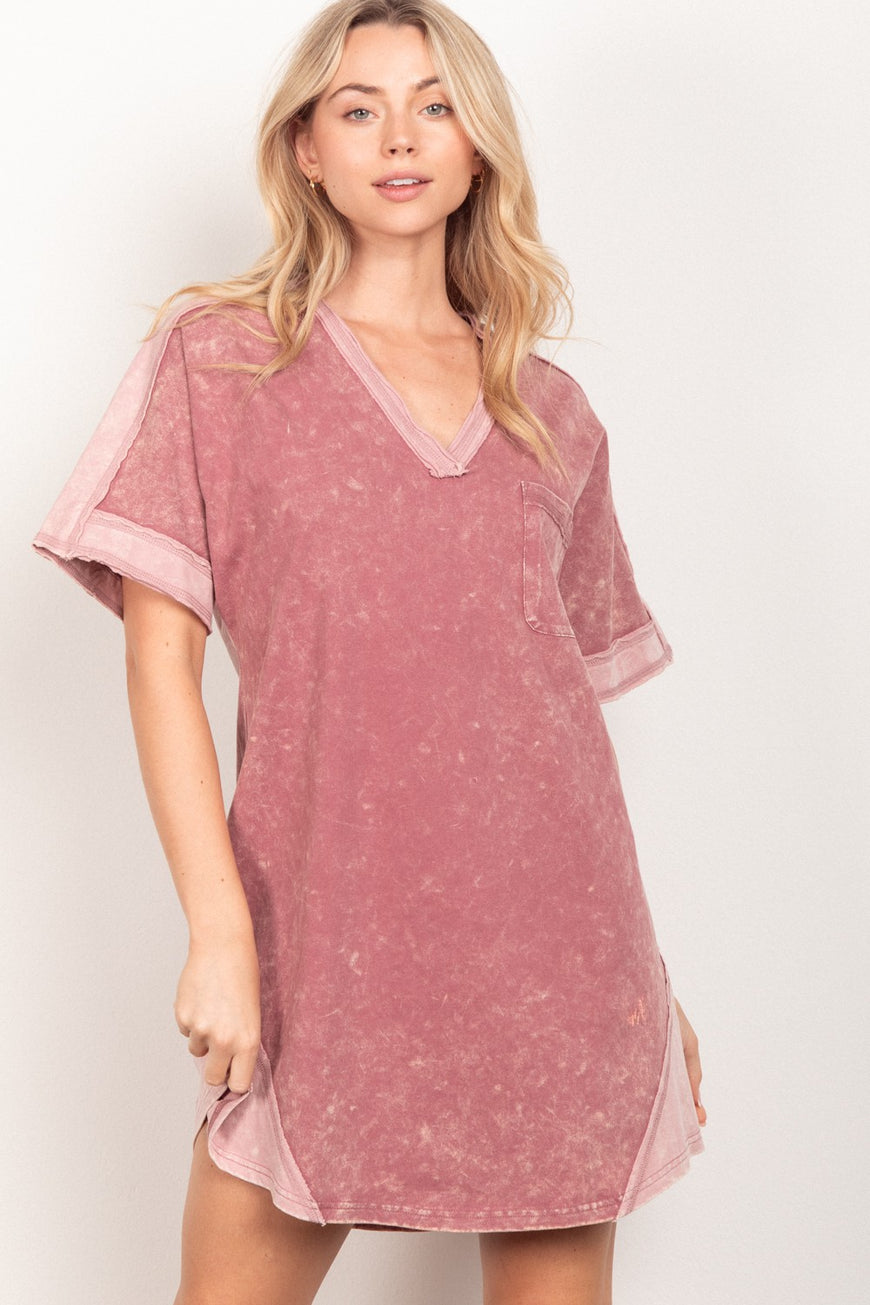 VERY J Short Sleeve V-Neck Tee Dress - TopFashionHQ