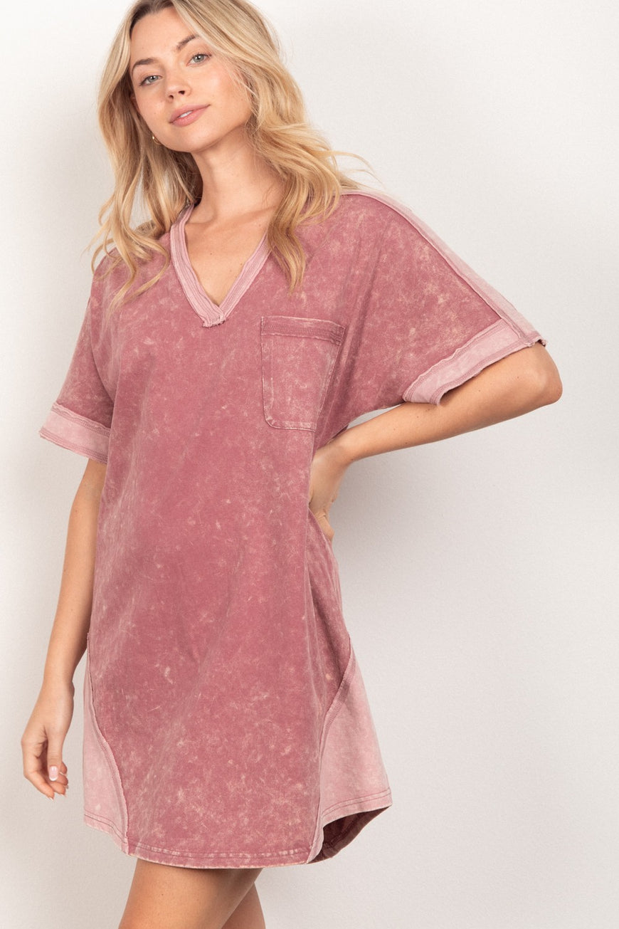 VERY J Short Sleeve V-Neck Tee Dress - TopFashionHQ