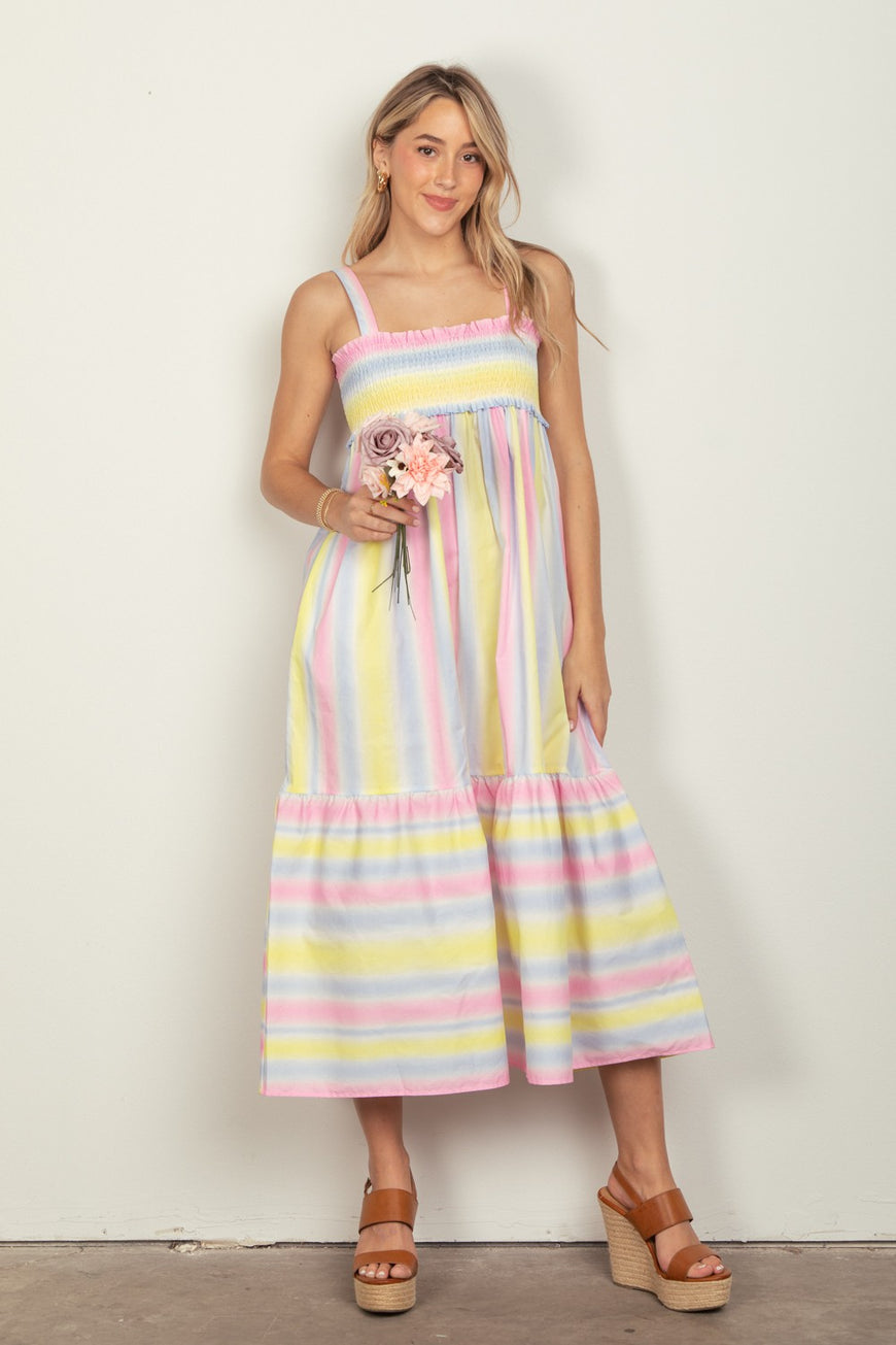 VERY J Striped Woven Smocked Midi Cami Dress - TopFashionHQ