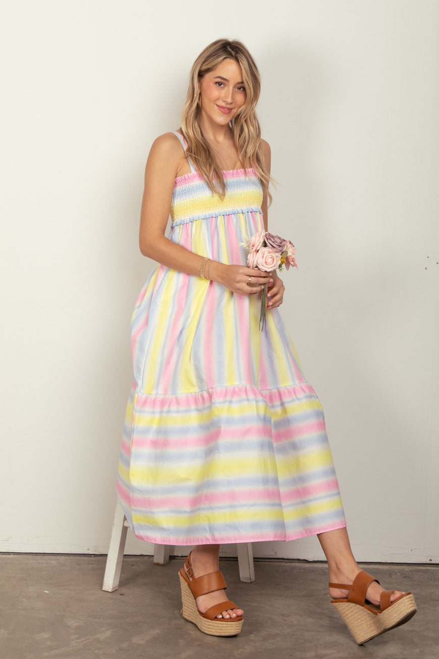 VERY J Striped Woven Smocked Midi Cami Dress - TopFashionHQ