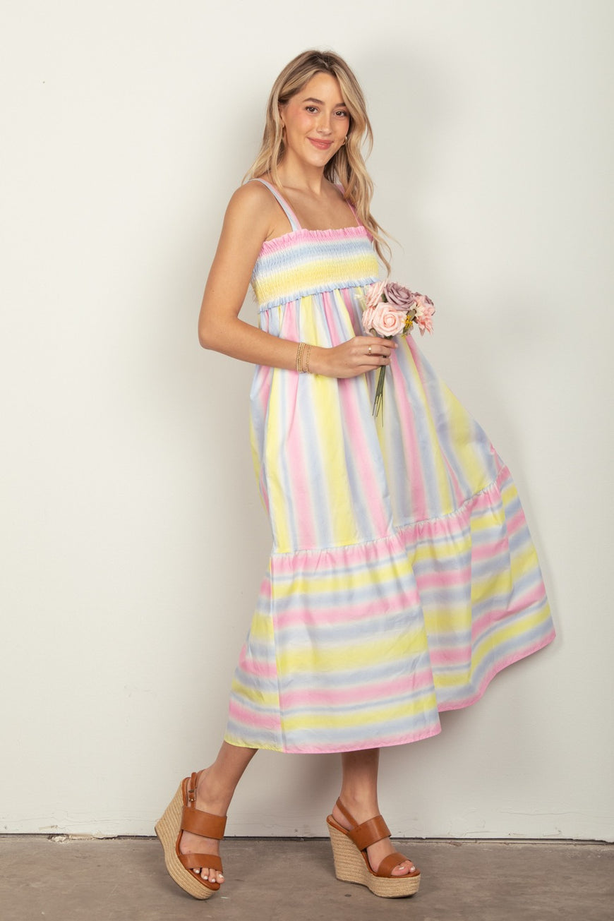 VERY J Striped Woven Smocked Midi Cami Dress - TopFashionHQ