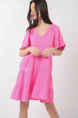 VERY J Texture V-Neck Ruffled Tiered Dress - TopFashionHQ