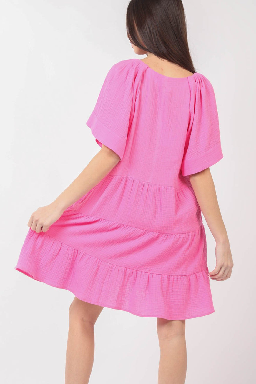 VERY J Texture V-Neck Ruffled Tiered Dress - TopFashionHQ