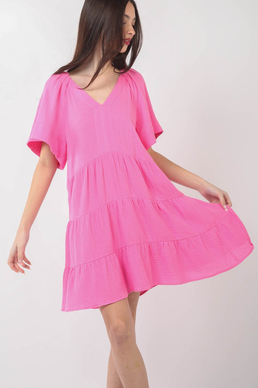 VERY J Texture V-Neck Ruffled Tiered Dress - TopFashionHQ