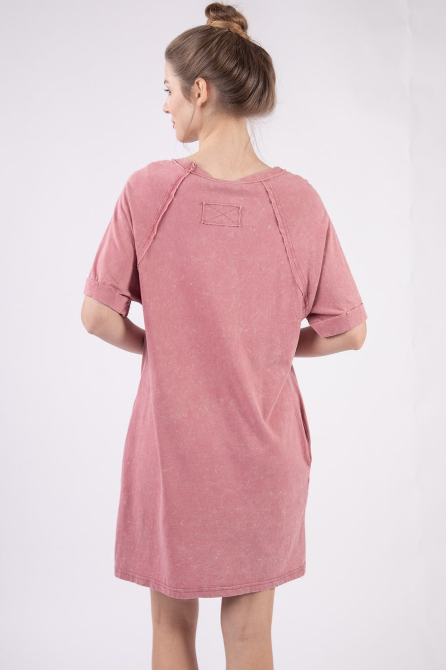 VERY J Washed Round Neck Mini Tee Dress - TopFashionHQ