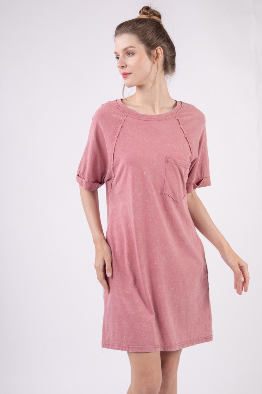 VERY J Washed Round Neck Mini Tee Dress - TopFashionHQ