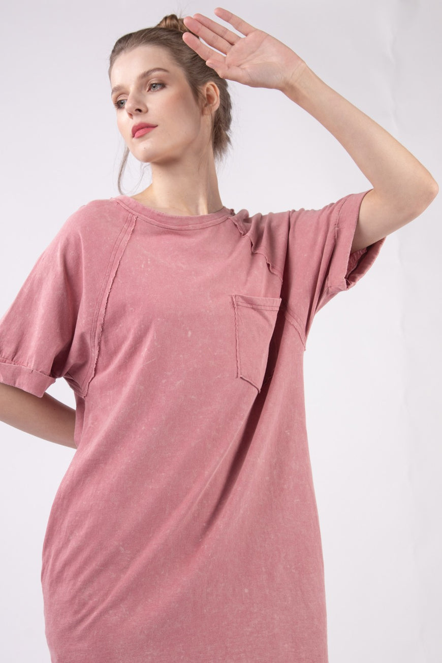 VERY J Washed Round Neck Mini Tee Dress - TopFashionHQ