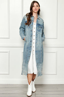 Veveret Full Size Distressed Raw Hem Pearl Detail Button Up Jacket - TopFashionHQ