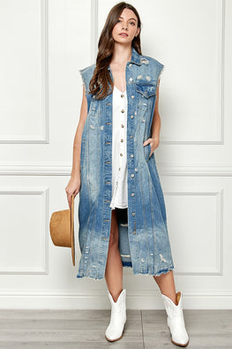 Veveret Full Size Distressed Sleeveless Longline Denim Jacket - TopFashionHQ