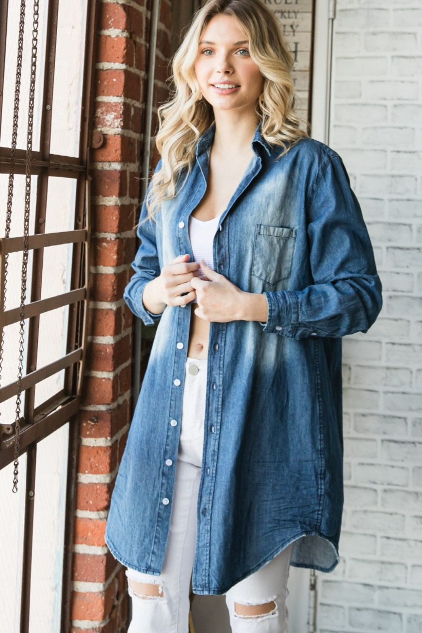 Veveret Pocketed Button Up Washed Denim Shirt - TopFashionHQ