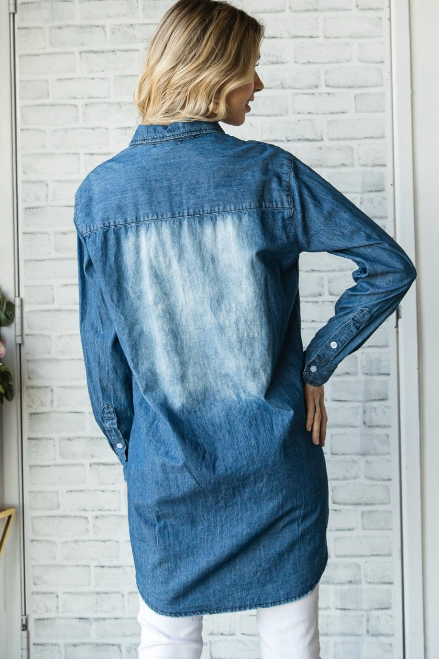 Veveret Pocketed Button Up Washed Denim Shirt - TopFashionHQ