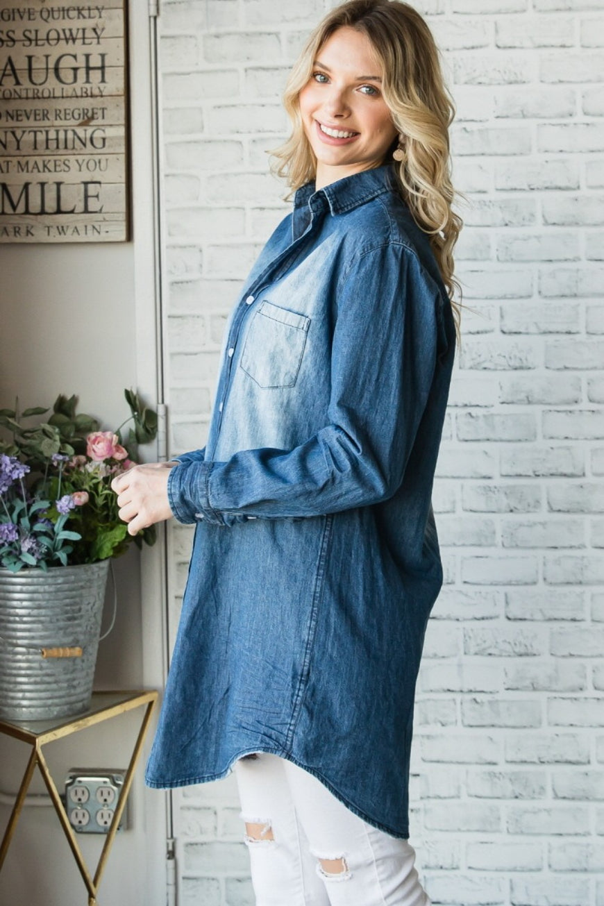 Veveret Pocketed Button Up Washed Denim Shirt - TopFashionHQ