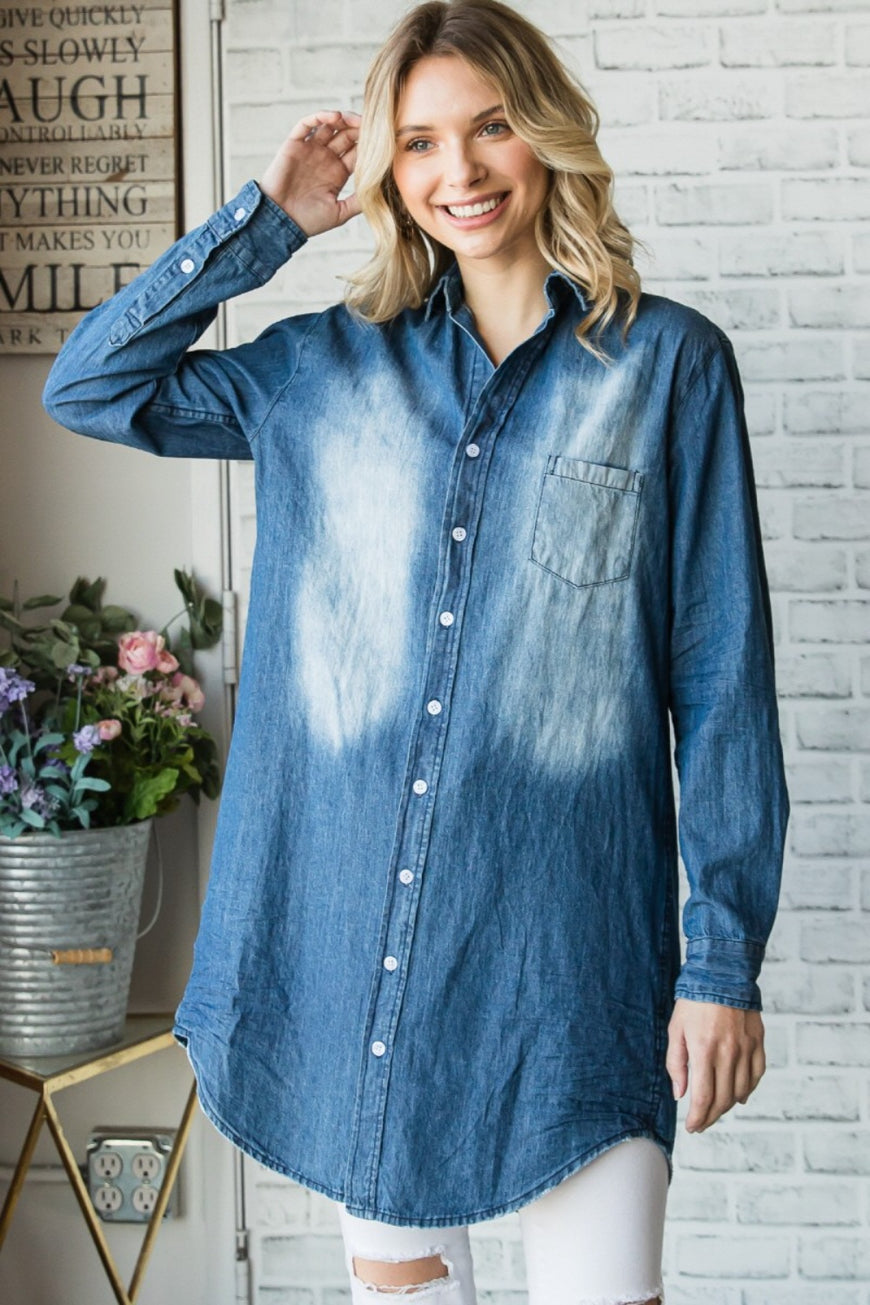 Veveret Pocketed Button Up Washed Denim Shirt - TopFashionHQ