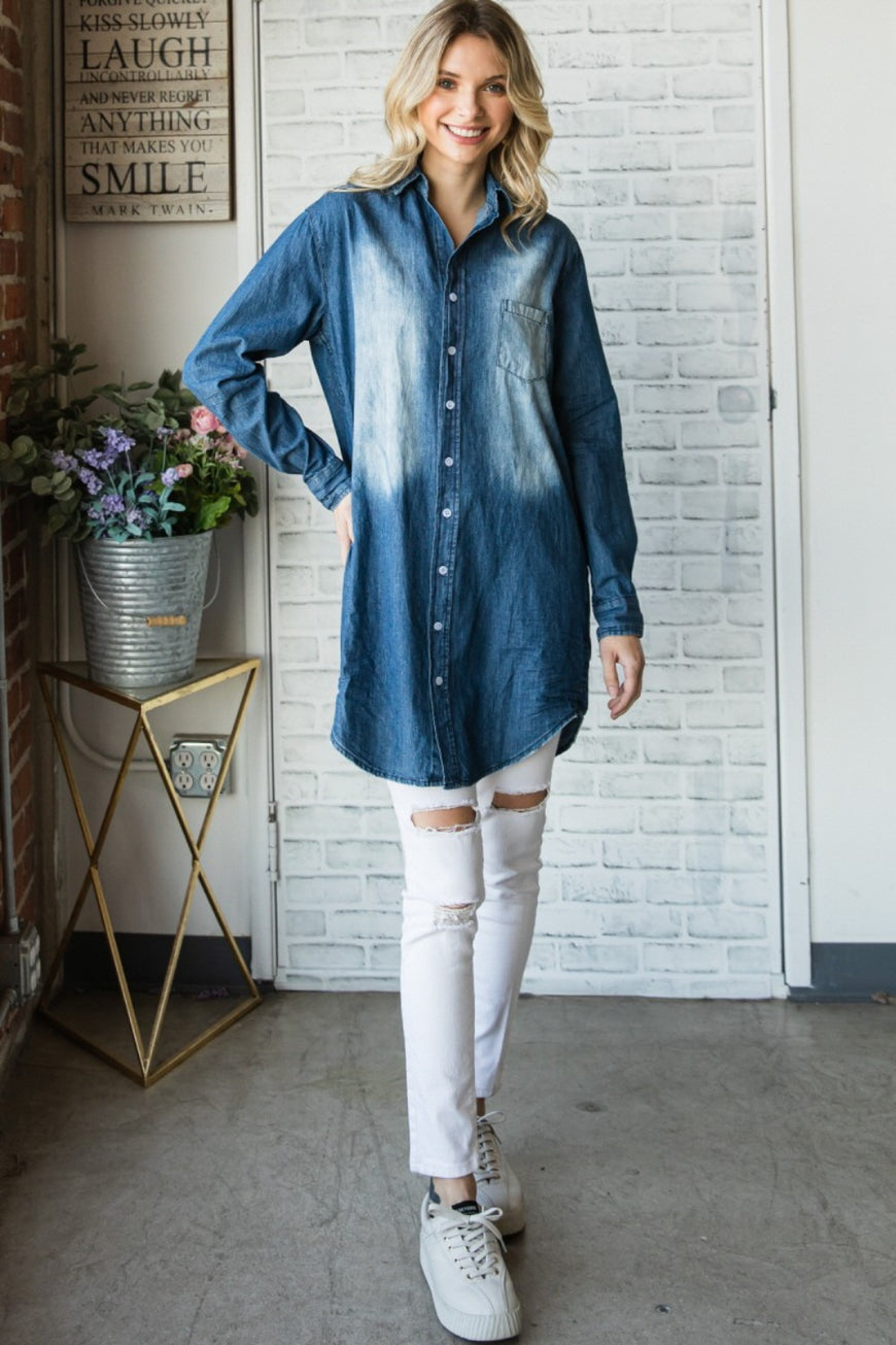 Veveret Pocketed Button Up Washed Denim Shirt - TopFashionHQ