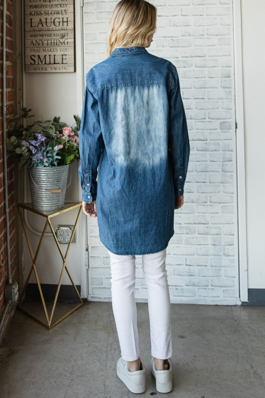 Veveret Pocketed Button Up Washed Denim Shirt - TopFashionHQ