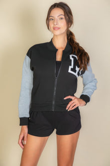 Letter Patched Striped Trim Varsity Jacket