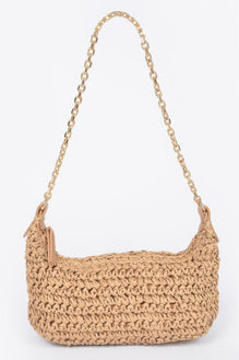 Faux Straw Zip Chain Shoulder Clutch
