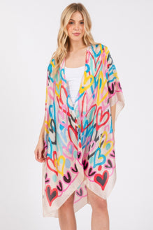 Multi Colored Heart Print Silky Feel Kimono