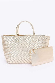Metallic Faux Leather Braided Tote Bag