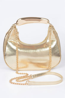 Metallic Faux Leather Metal Top Handle Clutch