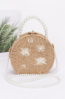 Faux Straw Handmade Clutch W/pearl Handle