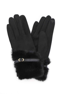 Faux Fur And Strap Cuff Smart Touch Gloves.