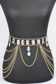 Metal Layered Chain Belt W/acrylic Stone