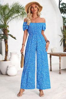 Square Neck Ruched Dot Print Wide Leg Jumpsuit